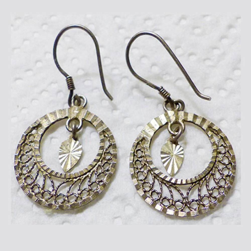 Lovely Sterling Diamond Cut Filigree Dangle Pierced Earrings
